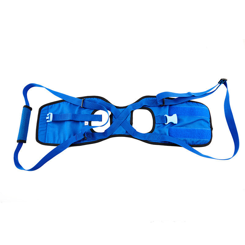 Blue rear harness laid flat with numbered callouts on the leg openings, the buckle and the grip