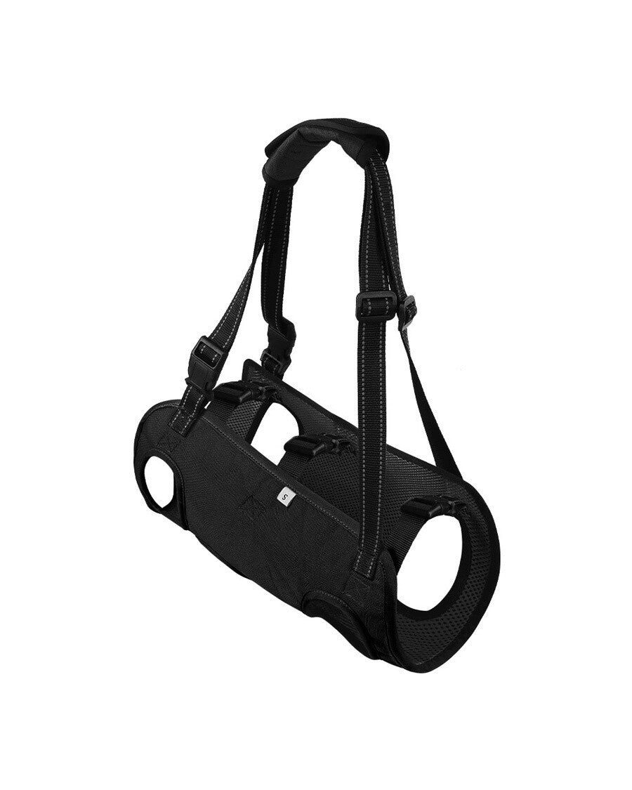 The black full-body harness: vest with four leg openings, handle on top