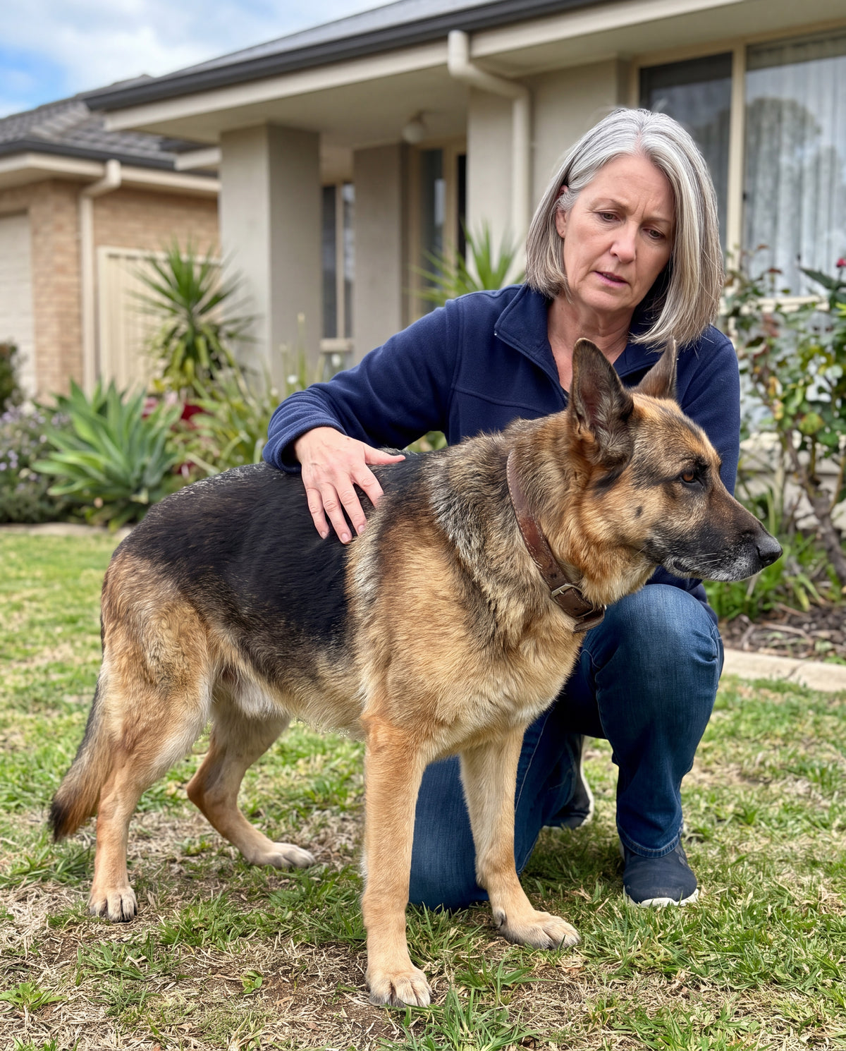A senior German shepherd standing on a lawn with a full chest and thin hind legs, its owner kneeling beside it.