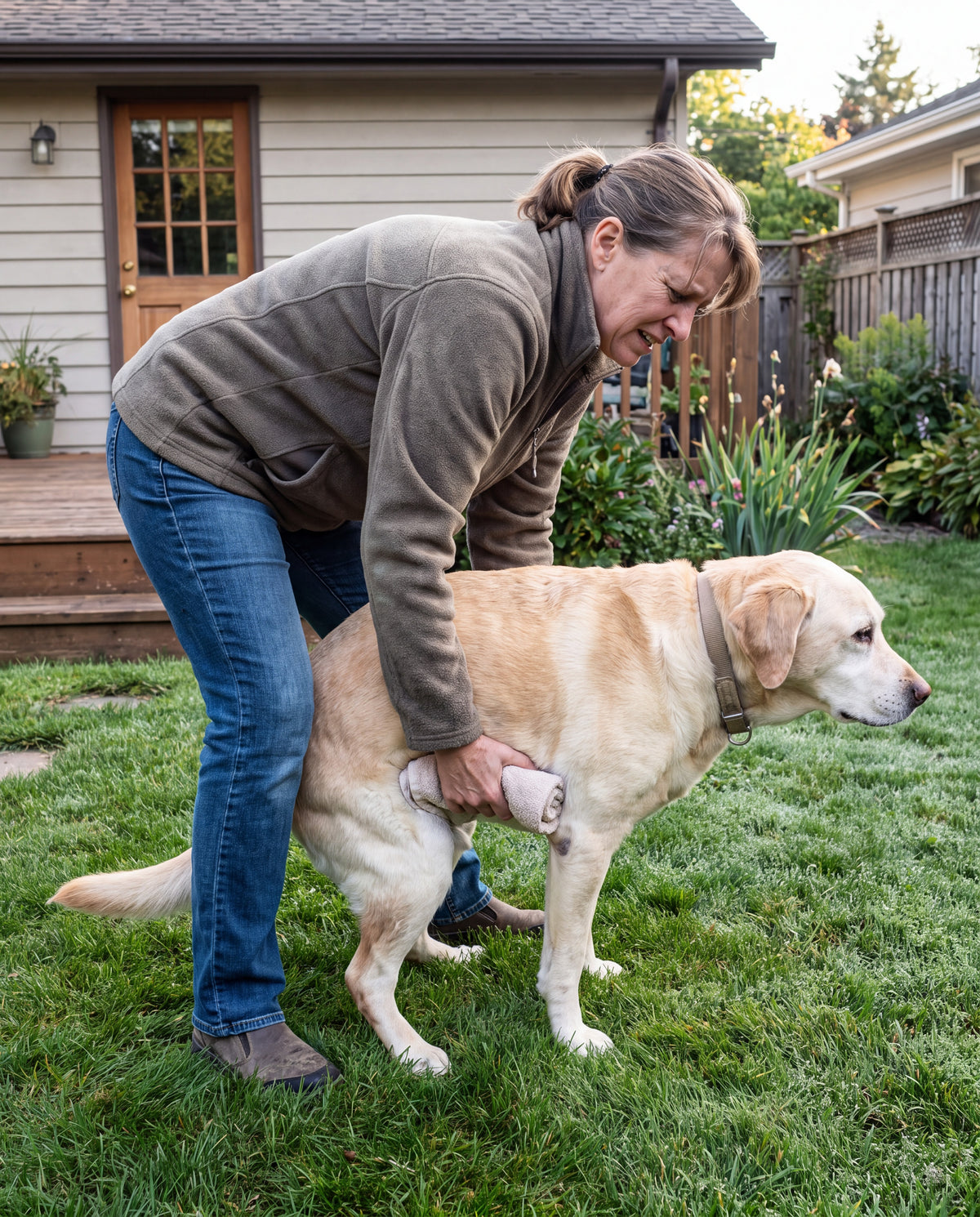 A woman bending over behind her old yellow Labrador on a backyard lawn, holding a rolled towel under the dog's belly.