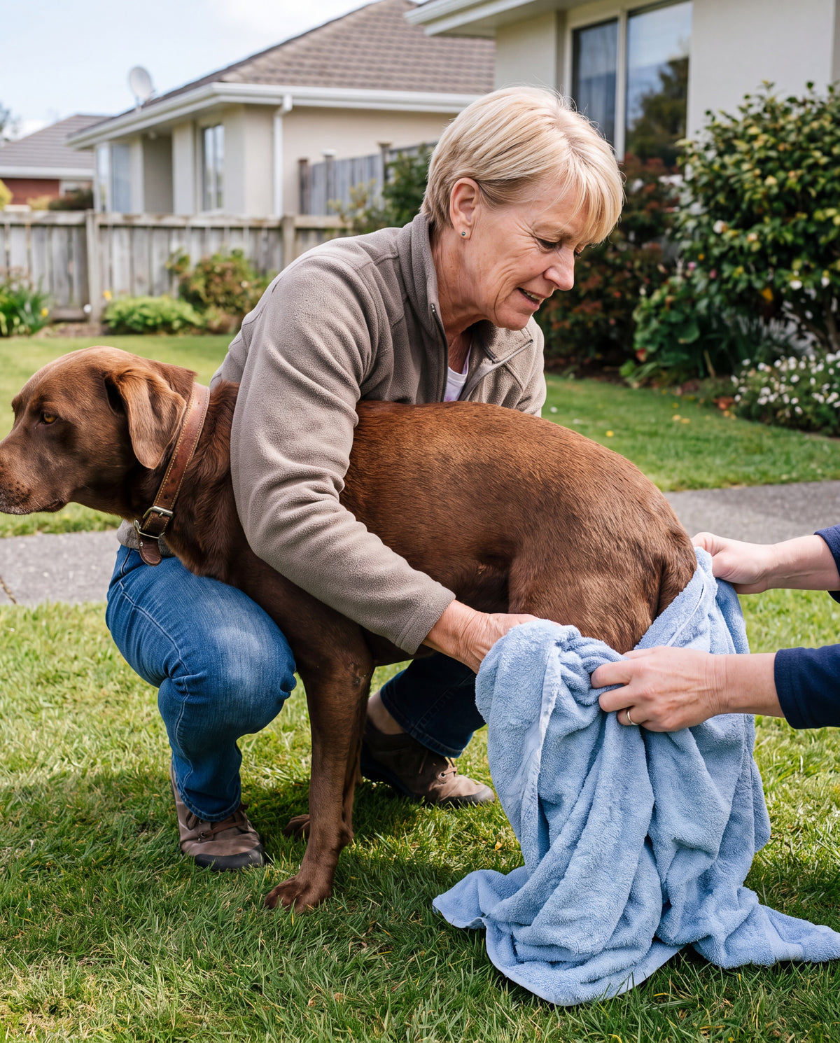 Large dog sinking mid-squat on a lawn while two hands pull up a slipping towel