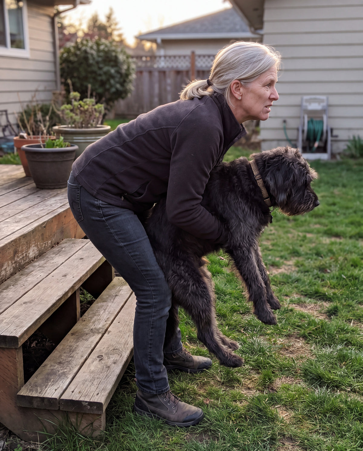 Side view of a woman at the bottom of wooden back steps, bent over with both arms under a large dog's chest and hindquarters, lifting him off the last step.