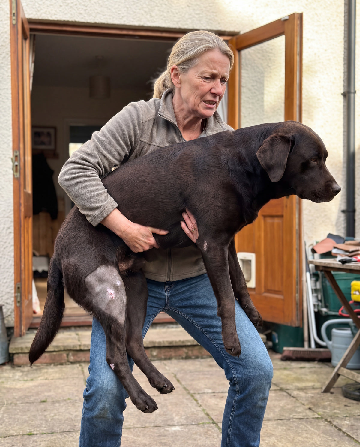 A woman in a backyard carries a large Labrador-type dog in her arms toward the grass, one of his back legs shaved at the knee, the back door open behind her.