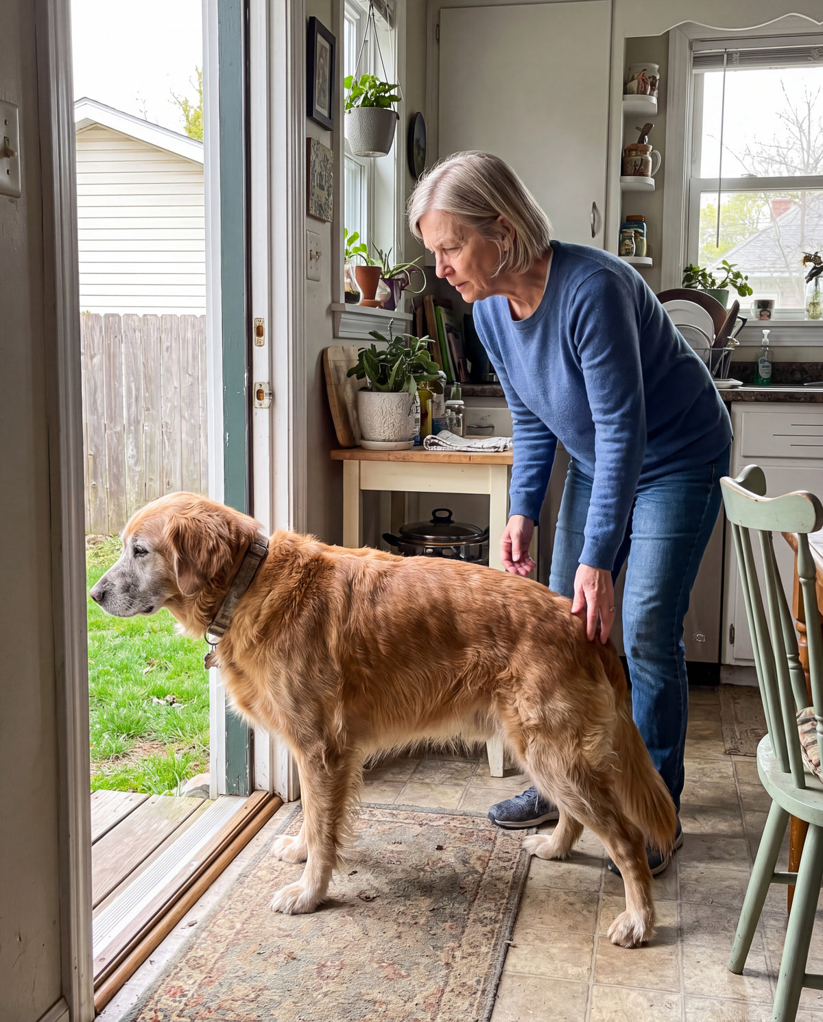 A senior golden retriever standing at an open back door, front paws forward and hind legs splayed behind her