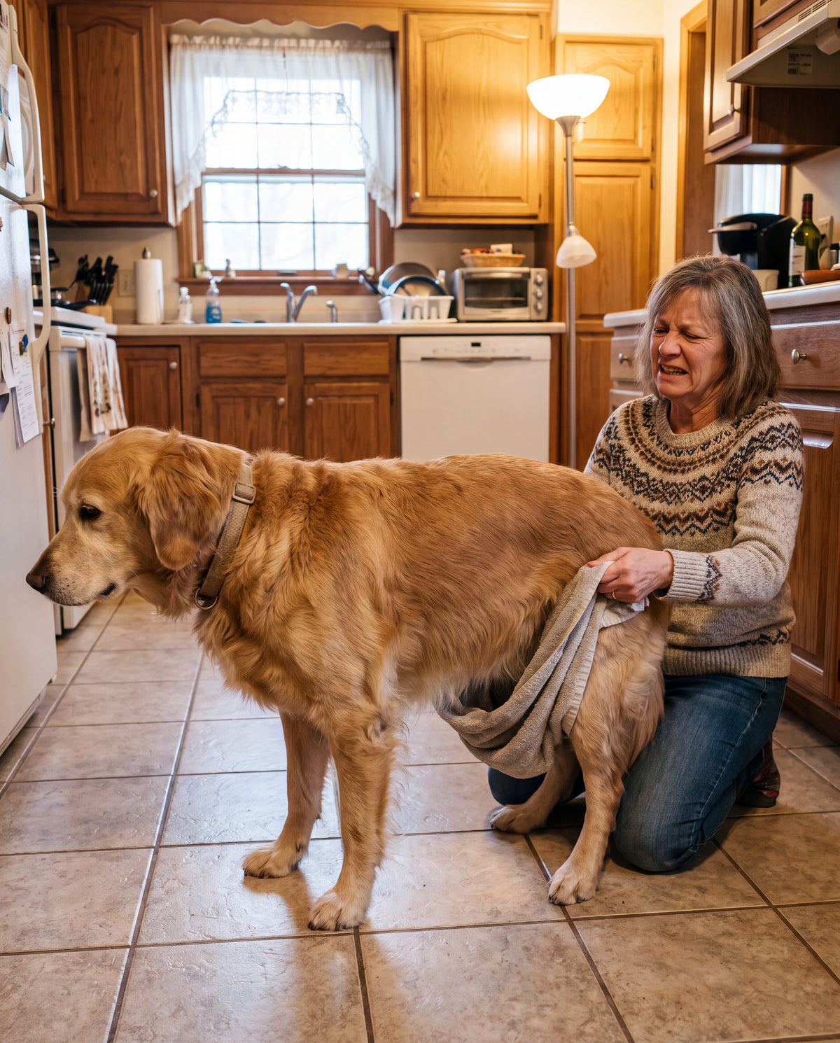 A woman kneeling on a kitchen floor holding a bath towel under a senior dog's belly, the towel slipping toward its back legs