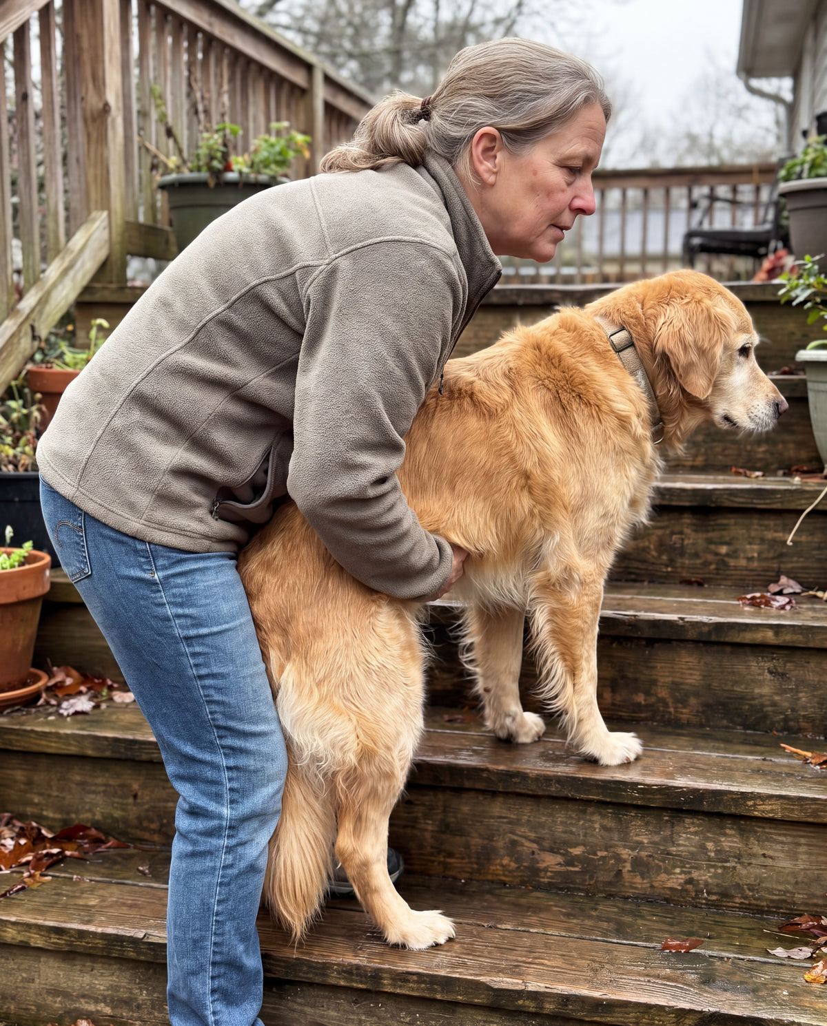 A woman bent over on porch steps, lifting the hind end of a large senior dog with both arms