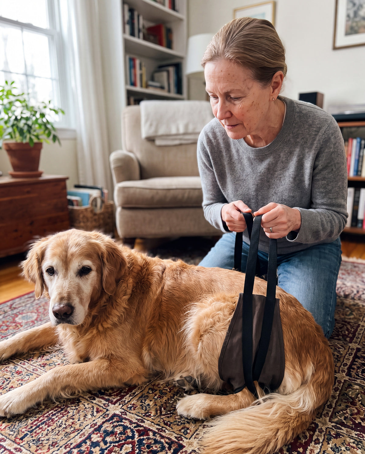 A strap sling that has slid down around the back legs of a senior dog lying on a rug