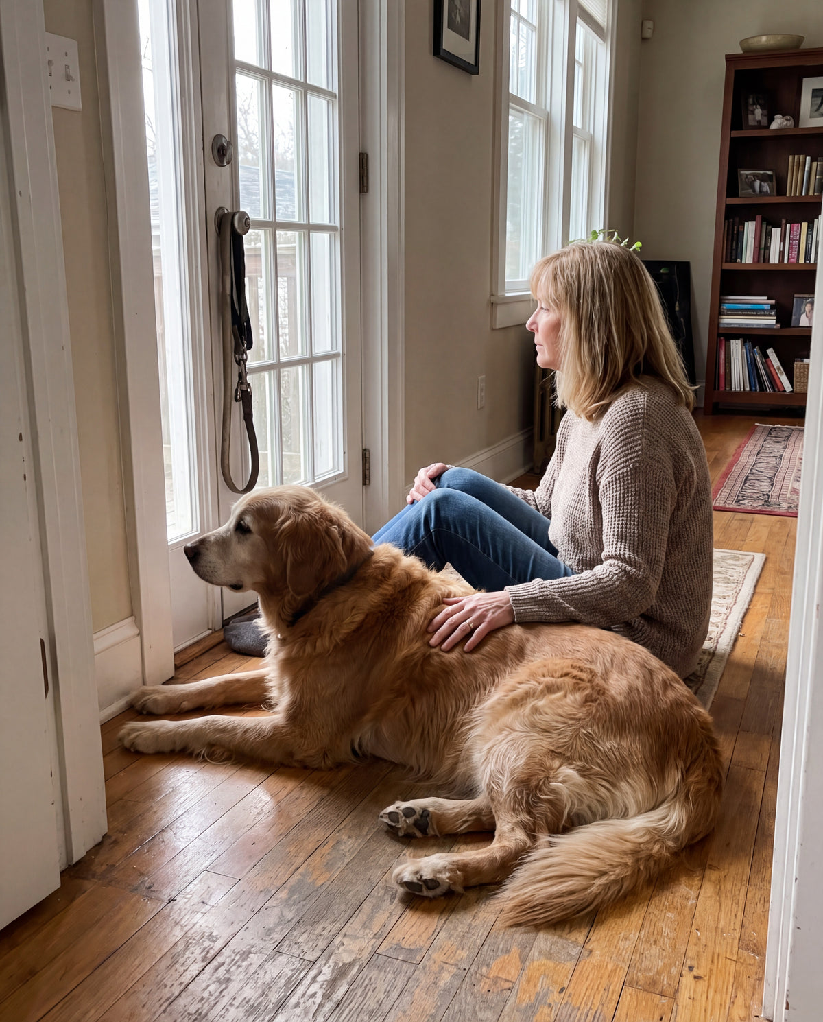 An older golden retriever lying on a hallway floor near the back door, a woman sitting beside her with one hand on her back