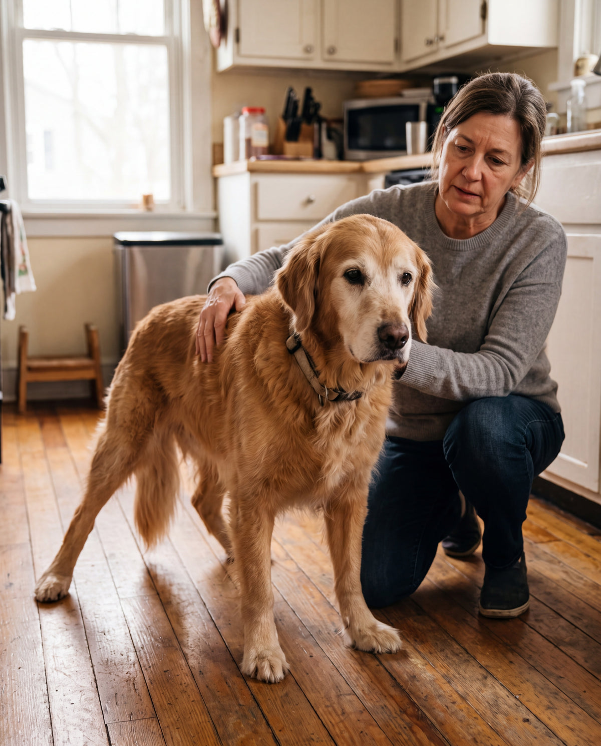 A senior golden retriever on a kitchen floor with straight front legs and splayed, unsteady back legs, its owner kneeling beside it