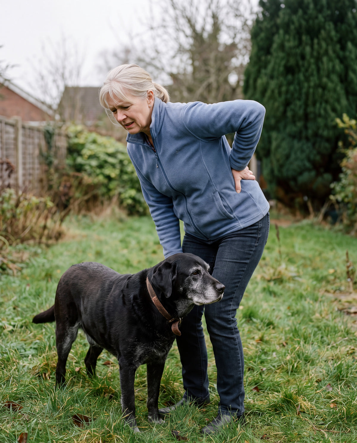 A woman straightening up on a backyard lawn with one hand pressed to her lower back, her old black Labrador standing beside her