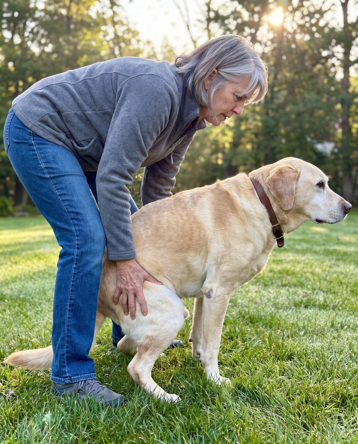 A woman bent over behind her old yellow Labrador on a wet lawn, both hands under the dog's hips while the dog squats