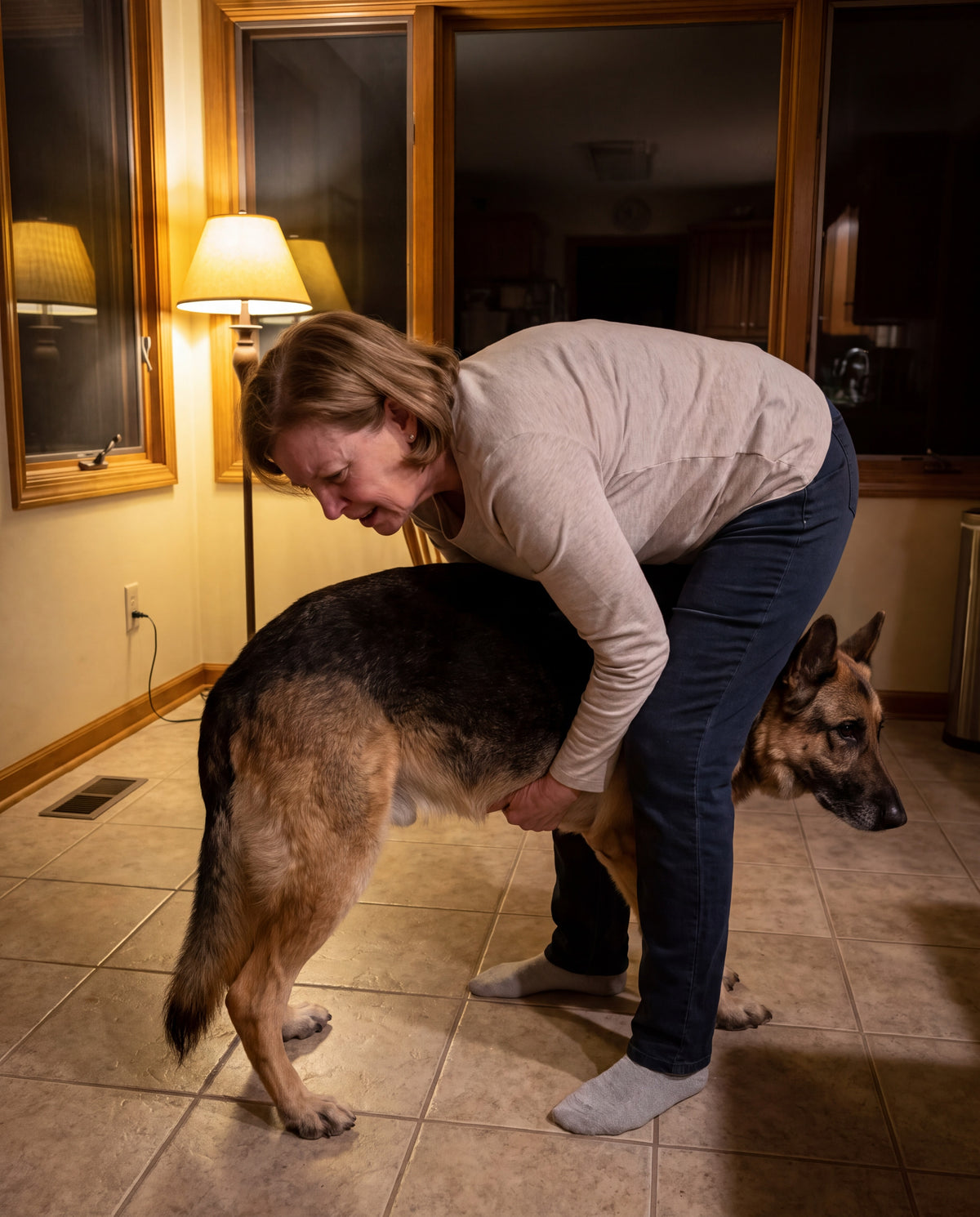 A woman alone in a kitchen at night, bent low with her bare hands under the hips of a large senior German shepherd lying on a tile floor, lifting his back end