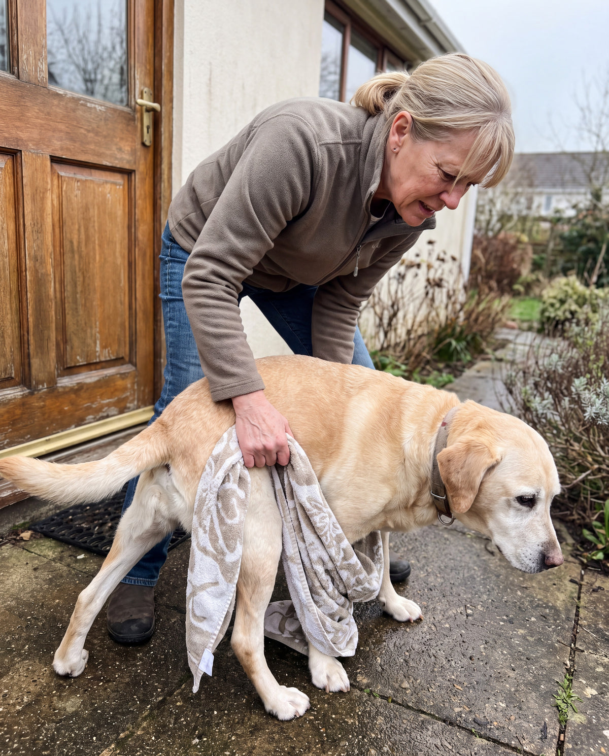 A woman in her sixties bent forward at an open back door, both hands holding a bath towel looped under the belly of a large senior Labrador whose back legs are giving way
