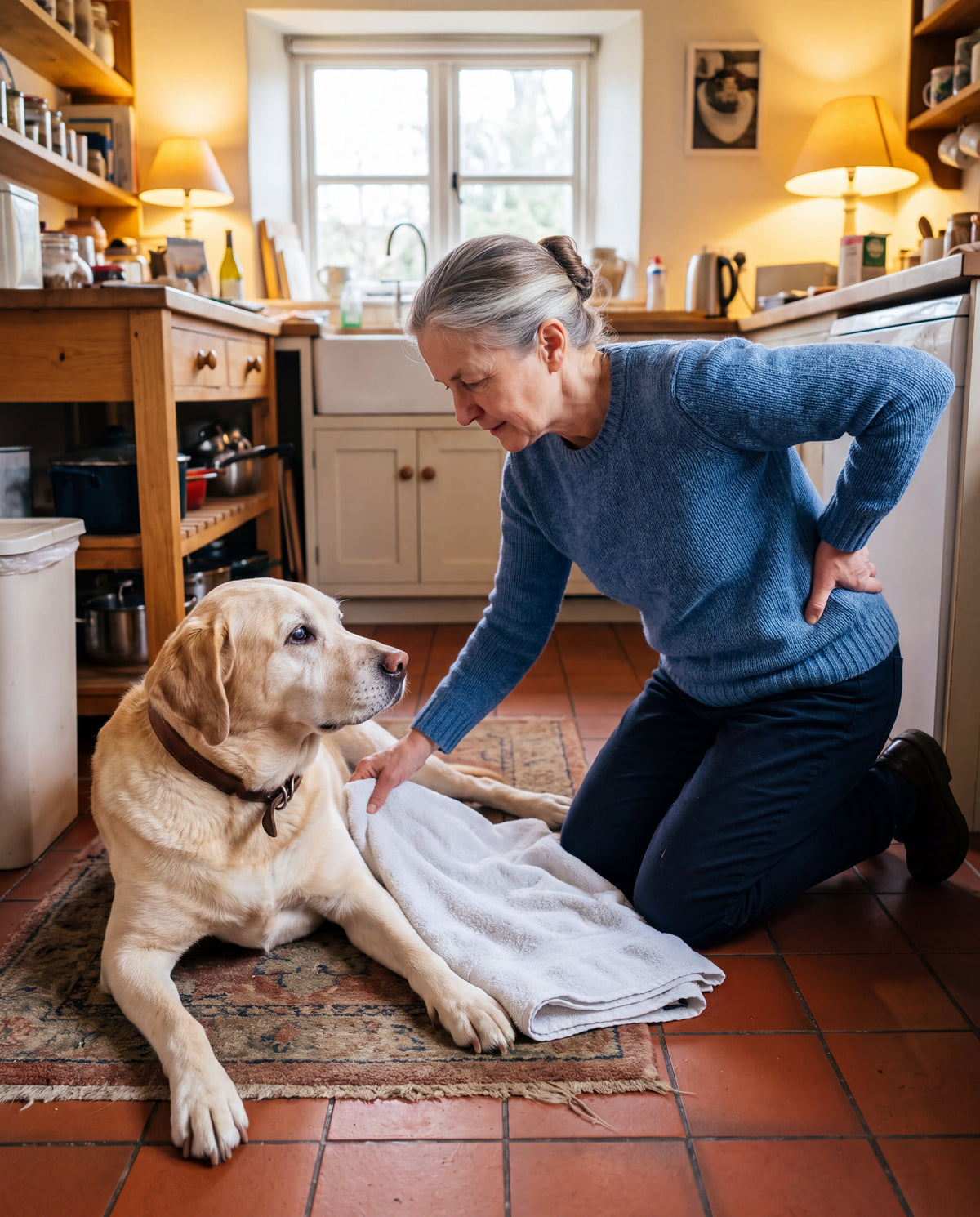 Woman kneeling on a kitchen floor, pushing a bath towel under the belly of her senior Labrador lying on the tiles