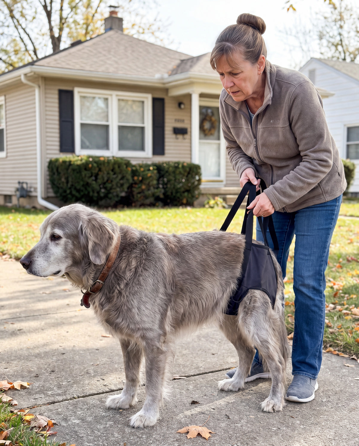 A plain belly sling slipped down to a senior dog's back knees on a sidewalk, its owner looking down at it
