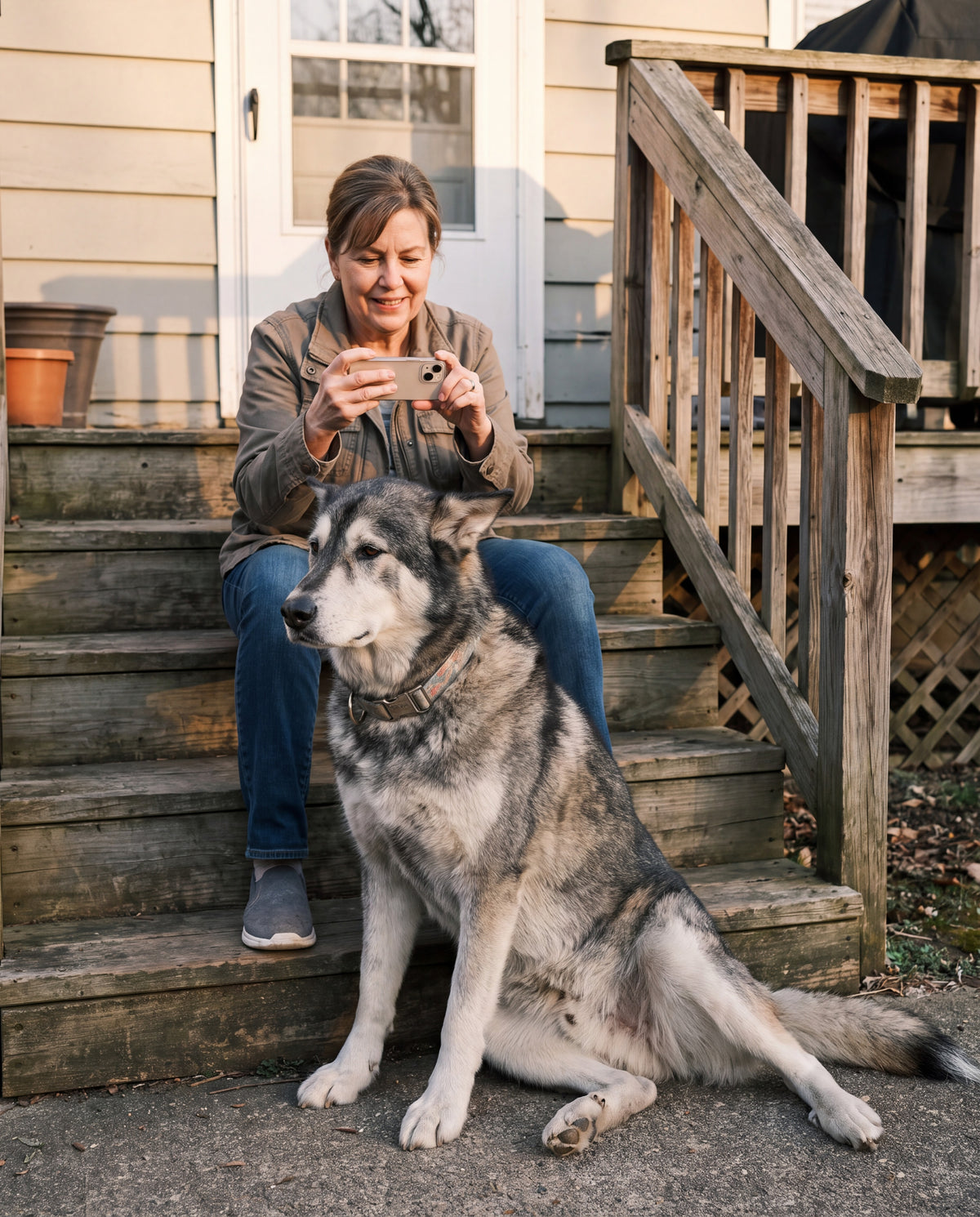 Older woman holding a phone at the bottom of outdoor wooden steps beside her senior Husky, who sits on the first step