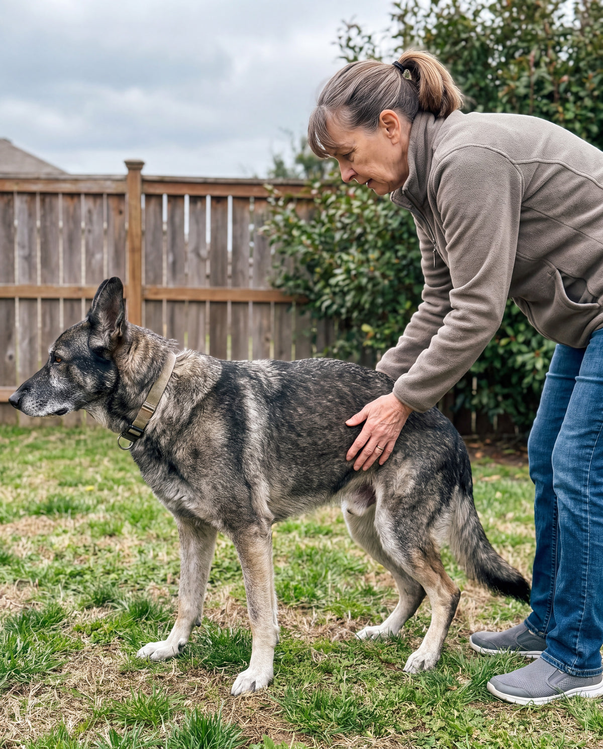 Side view of an older large male dog squatting on grass instead of lifting a leg, with a person's hands reaching toward his hips.