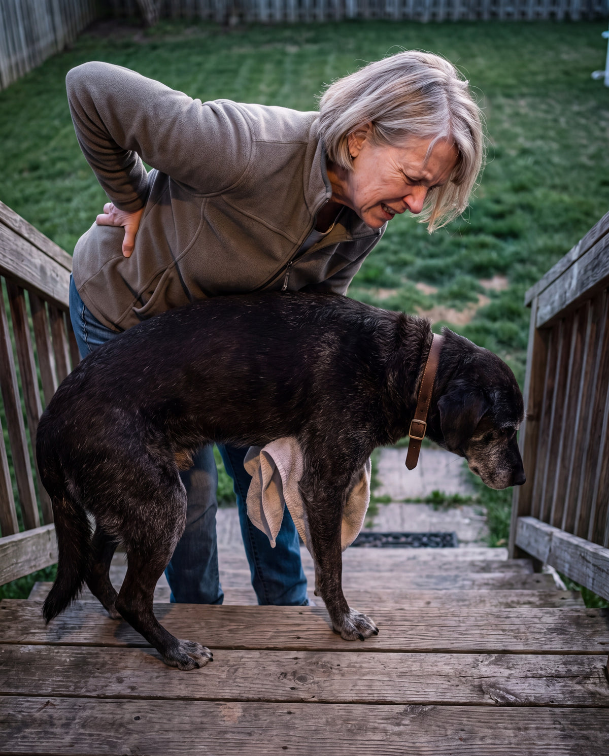 A woman bent double on back steps holds a towel under an older large dog's belly, her other hand pressed to her lower back.