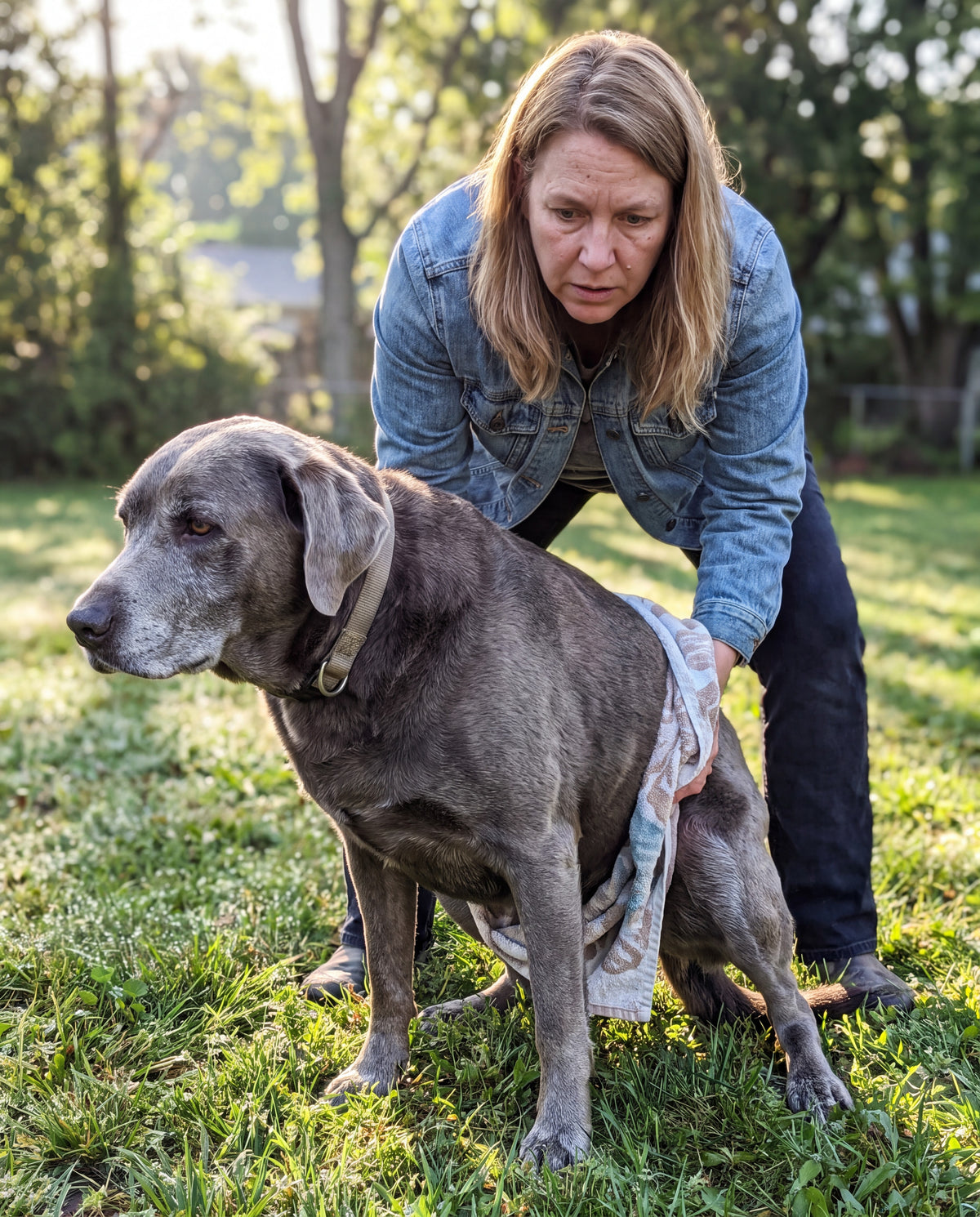 An older large male dog squats on a lawn while a person bends over him with a bath towel slung under his belly.