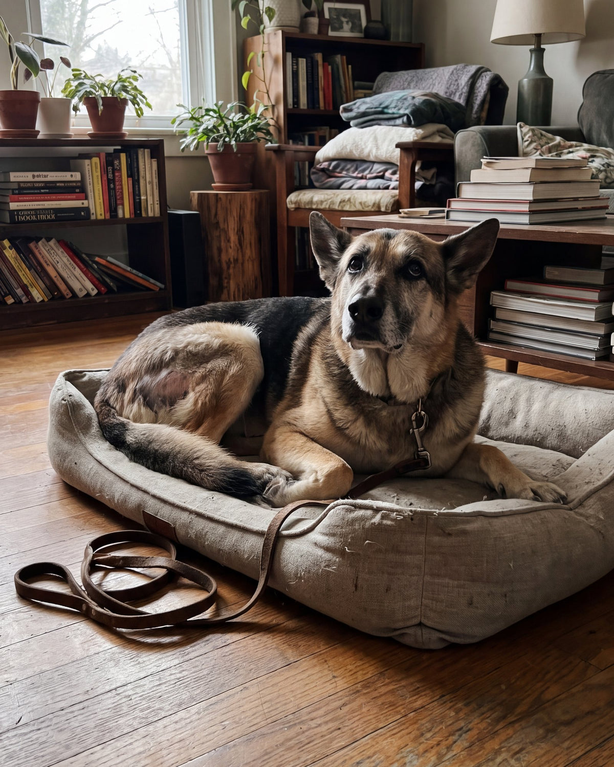 Senior German shepherd lying on his bed, his leash on the floor next to him