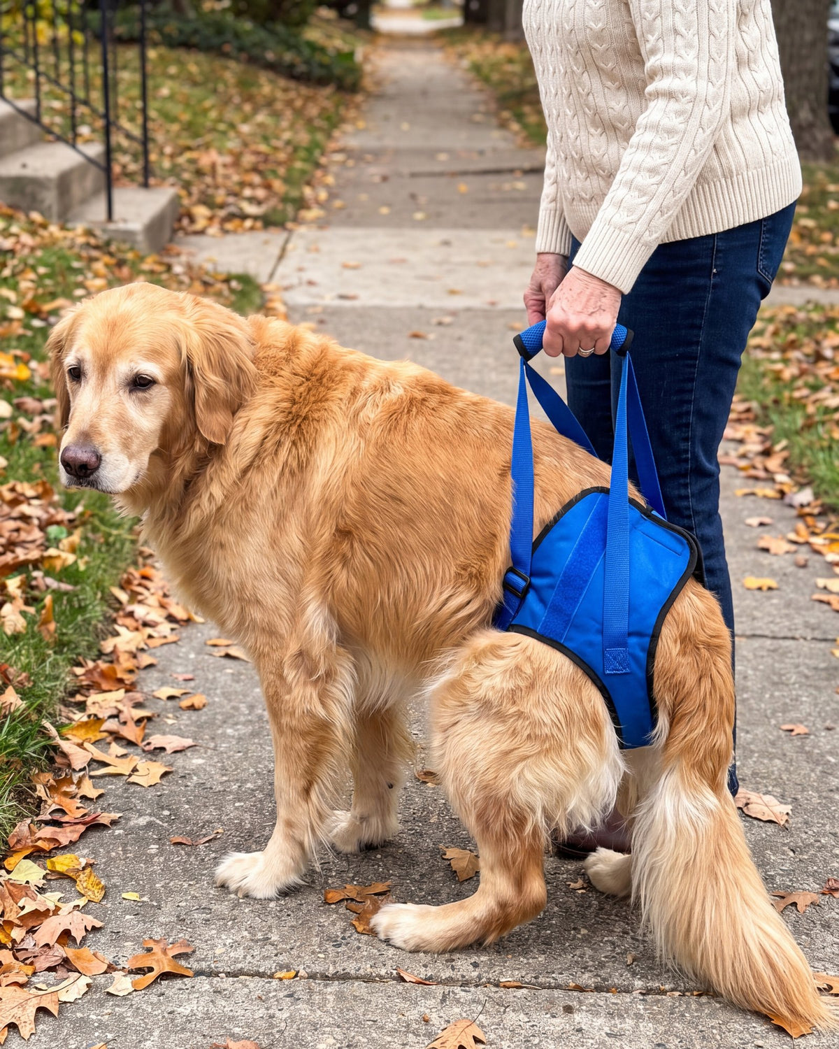 Woman on a sidewalk holding the handle of a blue rear harness on her senior golden retriever